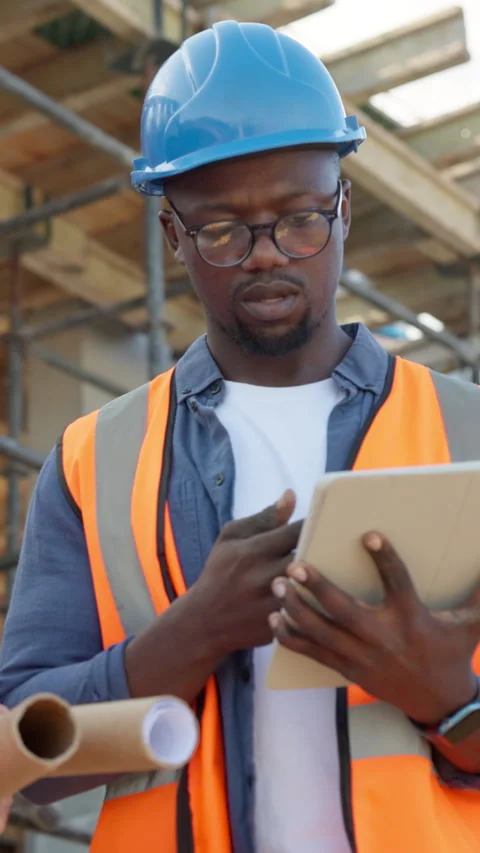 Construction, man and typing on tablet at site for digital blueprint, building Stock Footage 337535202
