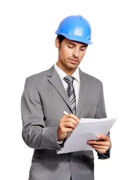 Construction, man and writing notes in studio for project management, planning Stock Photos