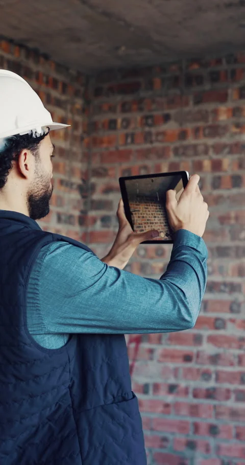 Construction, man or photograph of brick wall on tablet for wiring, installation Stock Footage 337022299