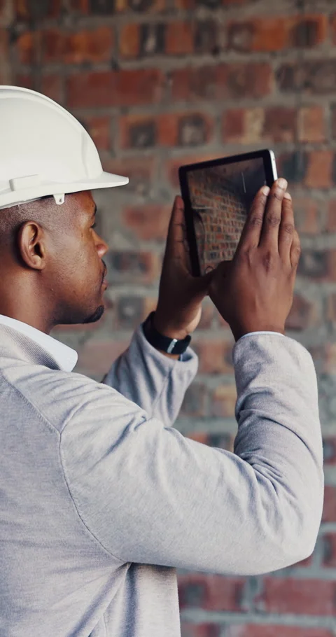 Construction, man or picture of brick wall on tablet screen for wiring, Stock Footage 337023984