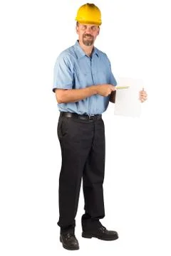 Construction man standing and holding a blank document pointing with pencil Stock Photos