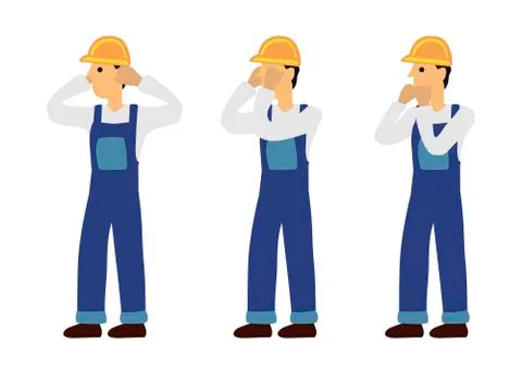 Construction man in three expression of see no evil, speak no evil and hear n Illustration