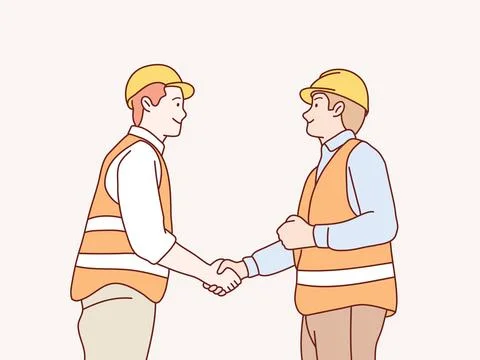 Construction man workers and businessman teamwork shake hands cooperate Stock Illustration