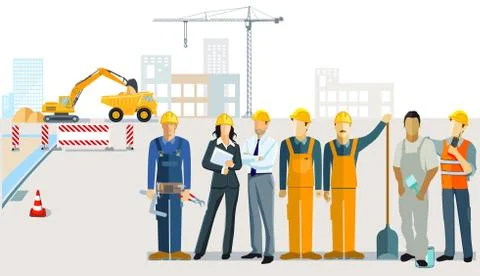 Construction management with construction workers and architect Stock Illustration