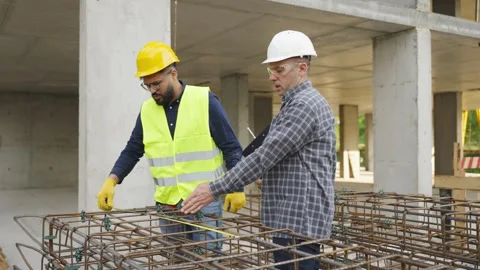 Construction manager and builder discussing reinforcement cage measurements Stock Footage 343451121