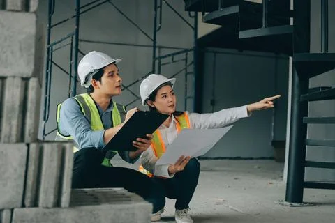Construction manager and engineer dressed in orange work vests and hard hel.. Stock Photos