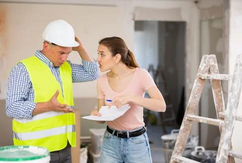 Construction manager and engineer having conflict in building site Stock Photos
