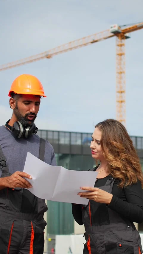 Construction manager and engineer reviewing project blueprint Stock Footage 348274642