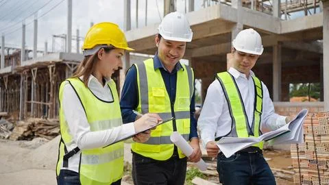 Construction manager and engineer working on building site. Stock Photos