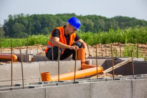 Construction manager checking the new bungalow foundation of the house, building Stock Photos
