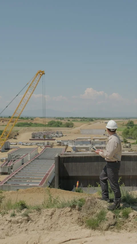 Construction manager in hard hat using smartphone to inspect highway viaduc.. Stock Footage 338008828