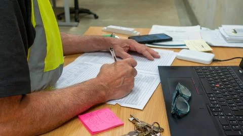 Construction manager in high visibility vest at his desk filling out reports Stock Photos
