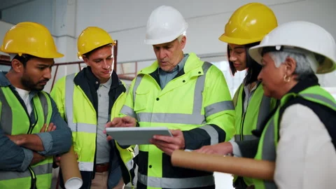 Construction, manager or team on site with tablet, progress track or task brief Stock Footage 341561743