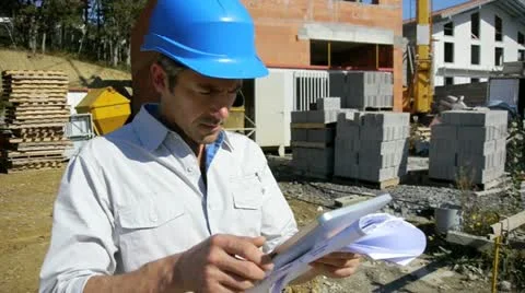 Construction manager using electronic tablet on building site Stock Footage 14830247