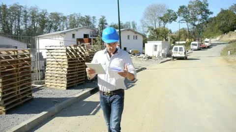 Construction manager using electronic tablet on building site Stock Footage 18194961