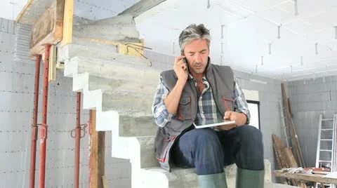Construction manager using mobile phone on building site Stock Footage 14821944