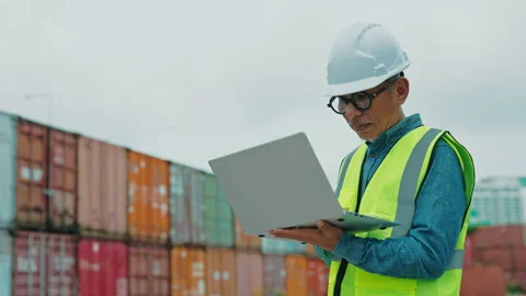 Construction Manager Working on a Laptop in Front of Shipping Containers at a Stock Footage 303763418