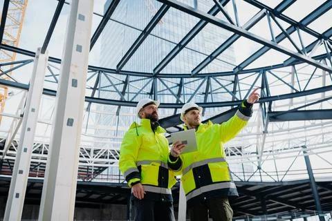 Construction managers using digital tablet on site, reviewing project plans. Stock Photos