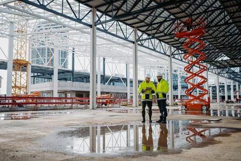 Construction managers using digital tablet on site, reviewing project plans. Stock Photos
