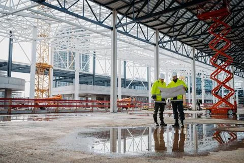 Construction managers using digital tablet on site, reviewing project plans. Stock Photos