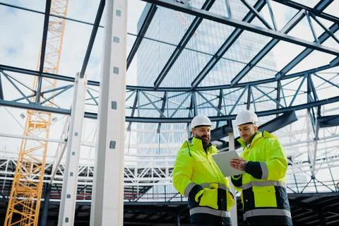 Construction managers using digital tablet on site, reviewing project plans. 스톡 사진