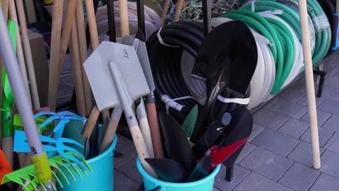The construction market sells various tools for working in the garden or Stock Footage 194301397