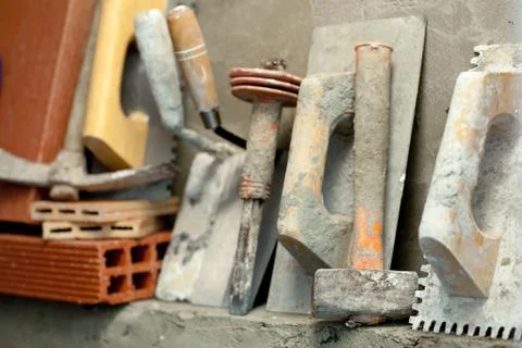 Construction mason cement mortar tools Foto stock