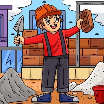Construction Mason Holding Brick Colored Cartoon Stock Illustration