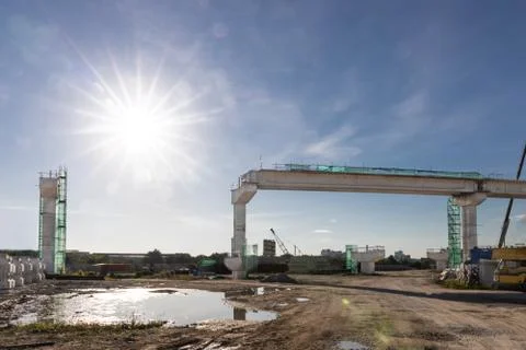 Construction of Mass Rail Transit column infrastructure in progress against b Stock Photos