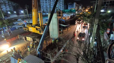 Construction of mass transit system (skytrain) on the road in Bangkok Stock-Footage 107000672