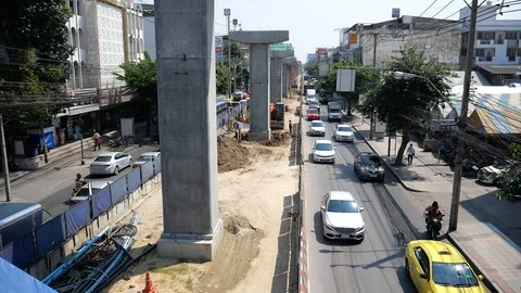 Construction of mass transit system (skytrain) on the road in Bangkok Stock-Footage 120464520