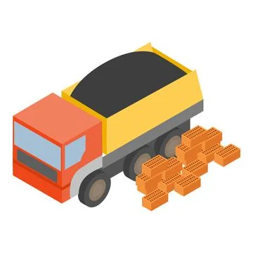 Construction material icon isometric vector. Dump truck with asphalt brick pile 스톡 일러스트