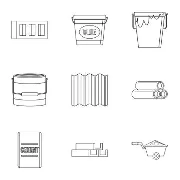 Construction material icon set, outline style Stock Illustration