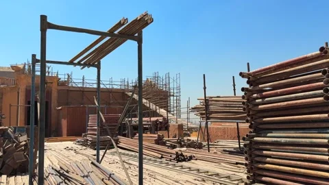 Construction Materials and Scaffolding During Historic Citadel Renovation Stock Footage 333463900