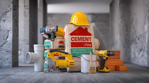 Construction materials and tools indoors with walls without finishing for r.. Ilustración de archivo