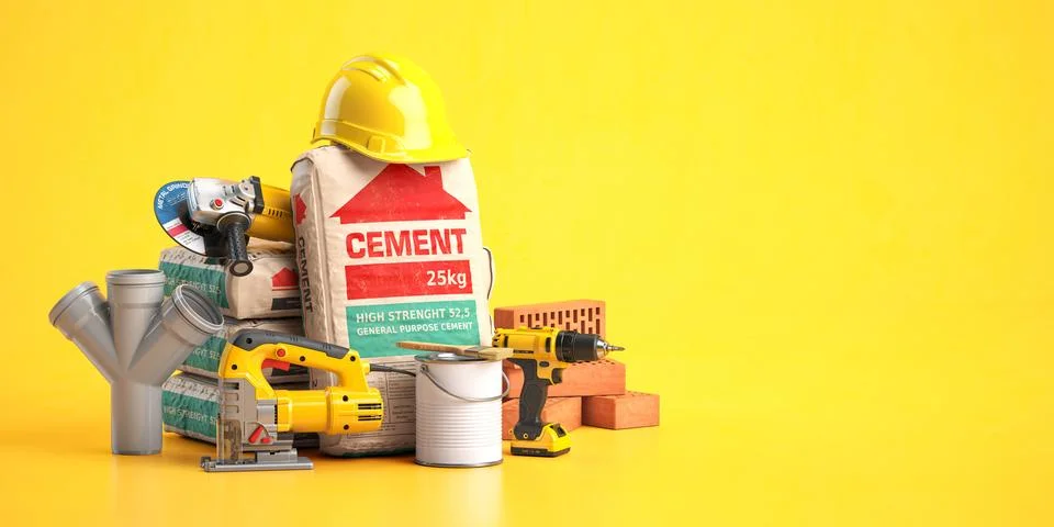 Construction materials and tools on yellow background. 3 Illustrazione stock