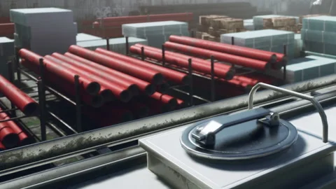 Construction materials are stacked in a yard near a building site Stock Footage 342812059