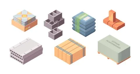 Construction materials building isometric set. Box with tiles large concrete  Stockillustratie