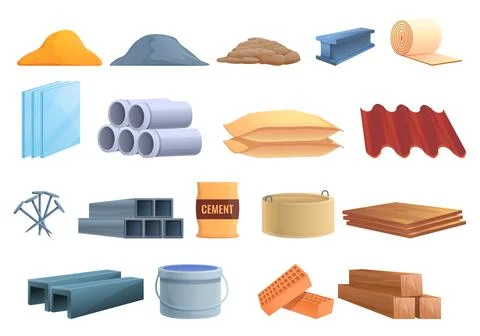 Construction materials icons set, cartoon style Stock Illustration
