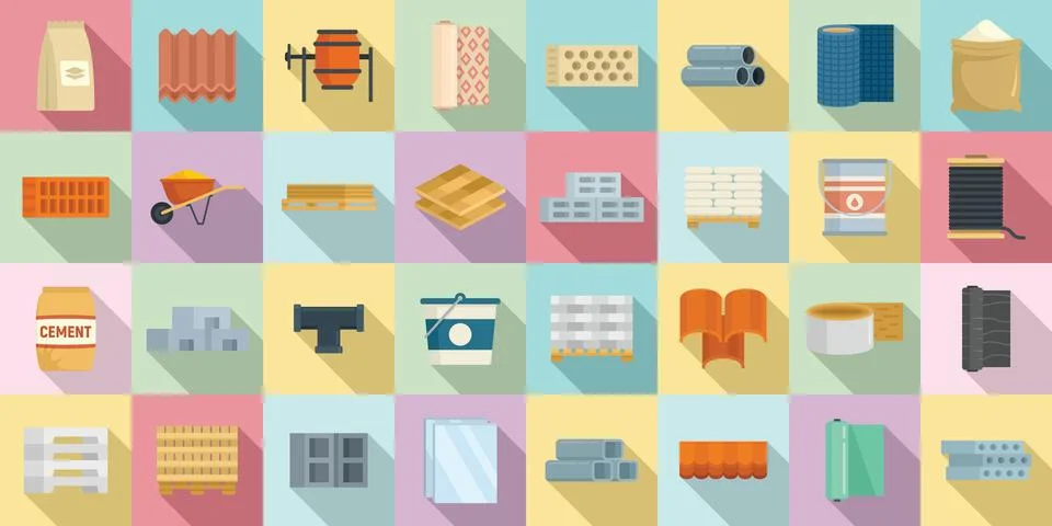 Construction materials icons set, flat style Stock Illustration