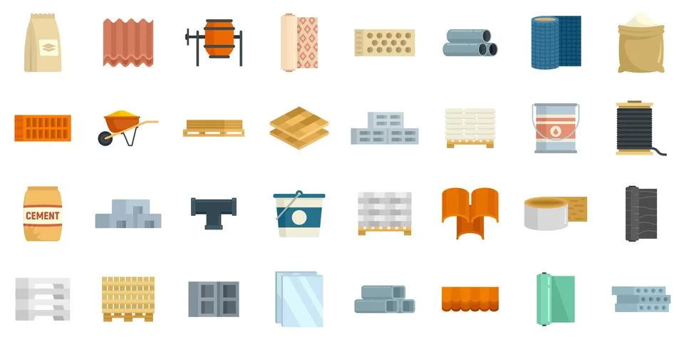 Construction materials icons set flat isolated Stock Illustration