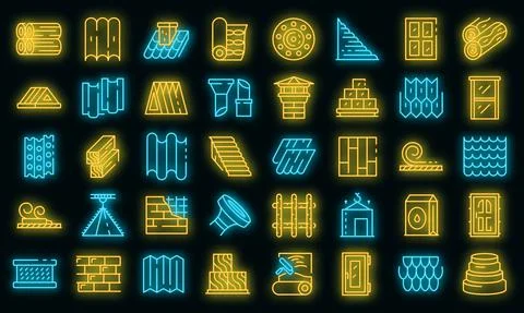 Construction materials icons set vector neon Stock Illustration