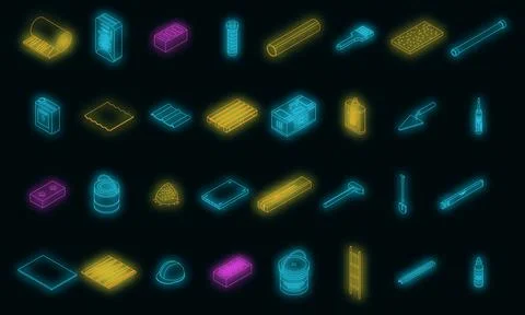Construction materials icons set vector neon Stock Illustration