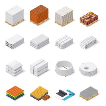 Construction materials isometric icon set Stock Illustration