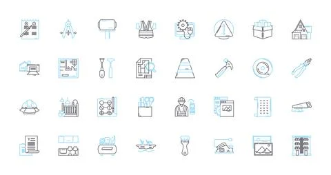 Construction materials linear icons set. Concrete, Steel, Brick, Wood, Glass イラスト素材