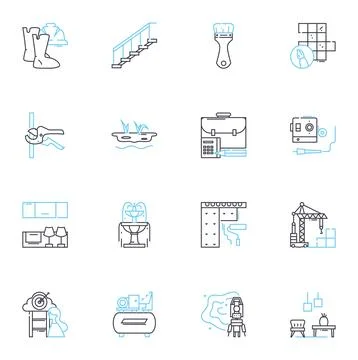 Construction materials linear icons set. Concrete, Steel, Brick, Wood, Glass Stock Illustration