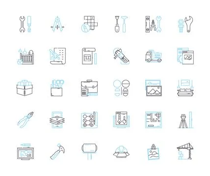 Construction materials linear icons set. Concrete, Steel, Brick, Wood, Glass Stock Illustration