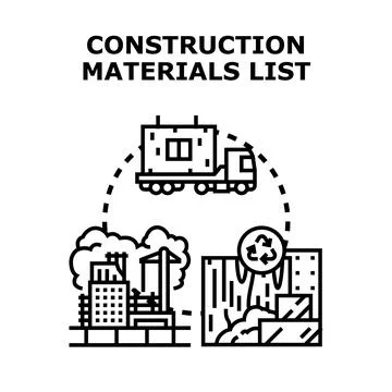 Construction materials list for building process and recycling Stock Illustration