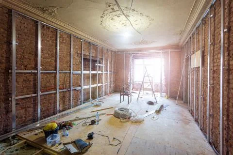 Construction materials, tools and installed rames for plasterboard for making Stock-Fotos