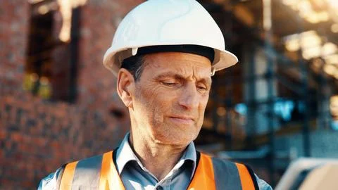 Construction, mature and man on tablet for building review, evaluation and Stock Photos